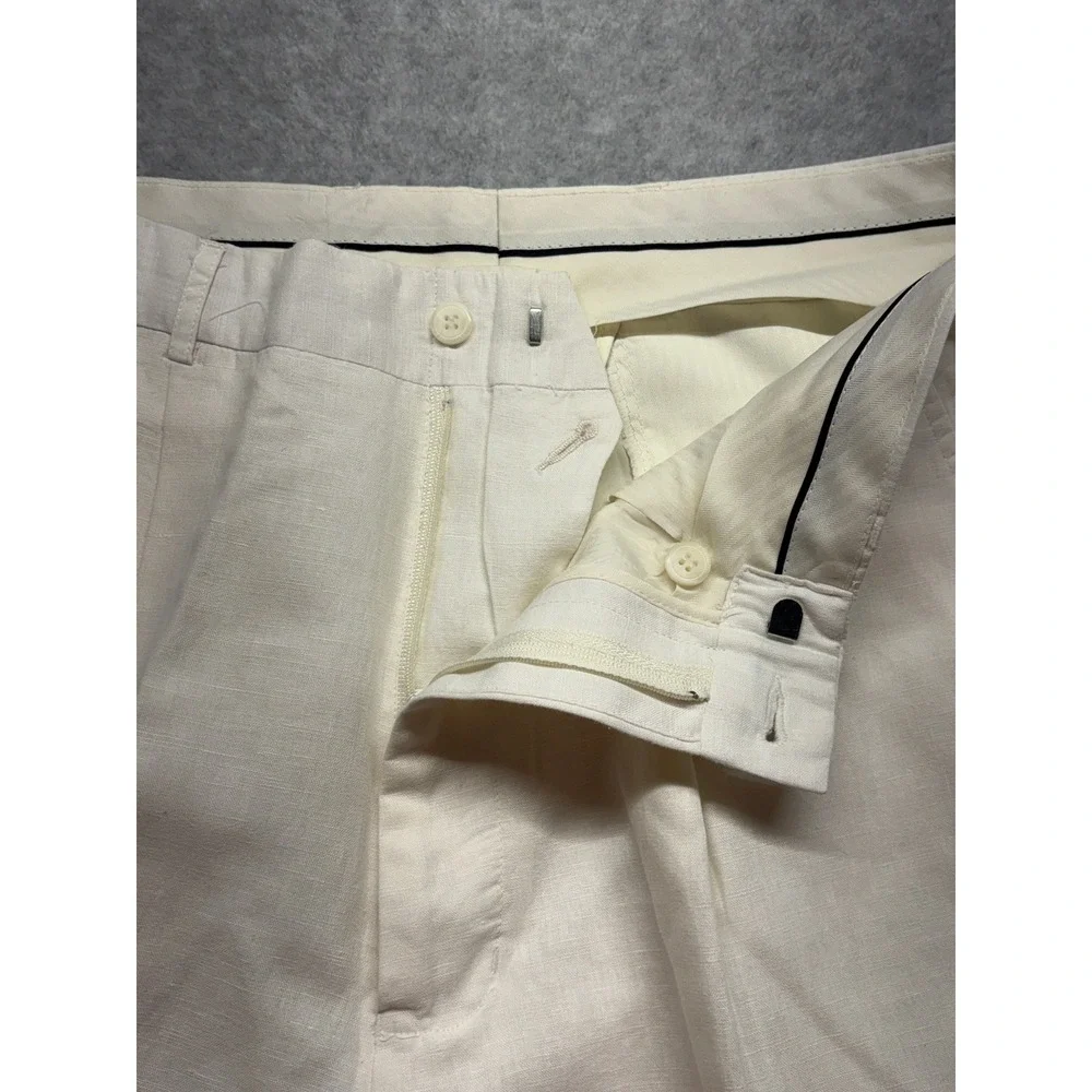 Metafuori New York Mens 36 Cream Linen Cotton Pleated Cuffed Trousers Pants